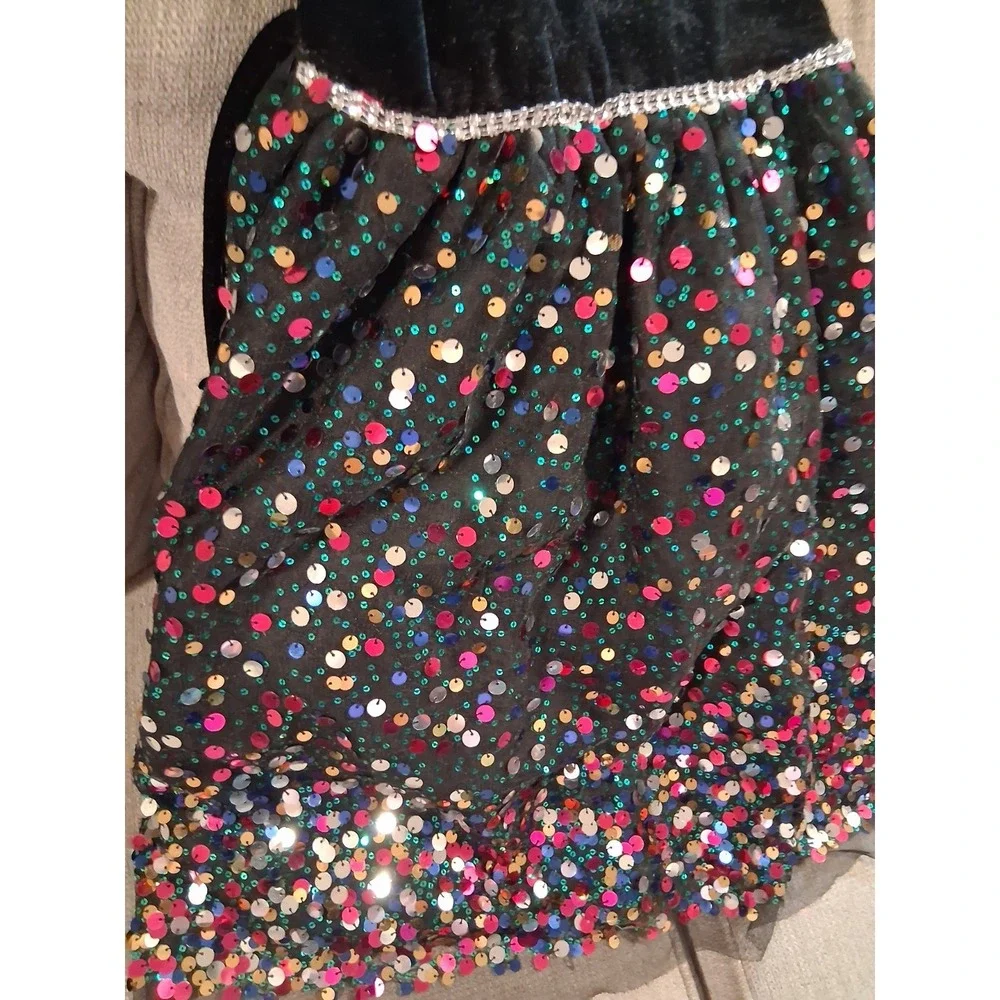 Girls Christmas‎ Dress Rainbow Sequins Black Velvet 6 VGUC
